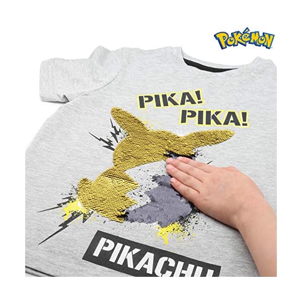 Pokemon Zwei Wege Pailletten JungenT-Shirt | Baumwollgraues Top mit Pikachu Motiv mit umgekehrter Paillette in Schwarz… – Bild 8