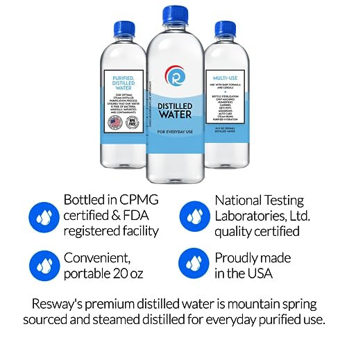 Image of Resway Distilled Water 20 fl.oz. | General Multi-Use | Purified Distilled Water for Drinking, Baby Formula, Nutrition Powder, Aquarium Care | Everyday Use | 6 Pack