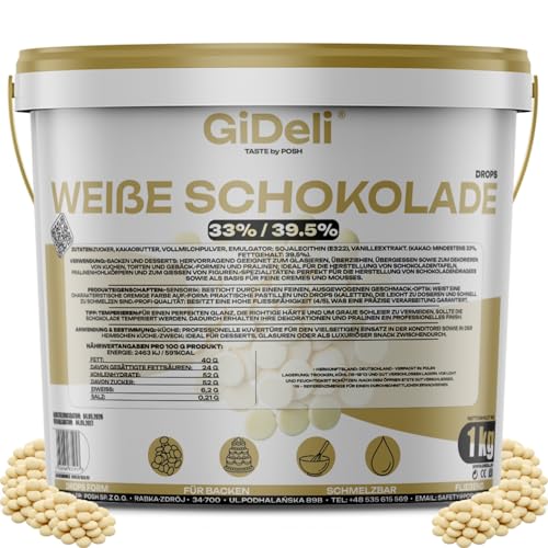 GiDeli Weiße Schokolade Drops 1kg im Eimer - Kuvertüre mit Kakaobutter & 33% Kakao - Backschokolade zum Schmelzen - Einfache Dosierung - Ideal für Pralinen, Ganache & Schokoladenfondue