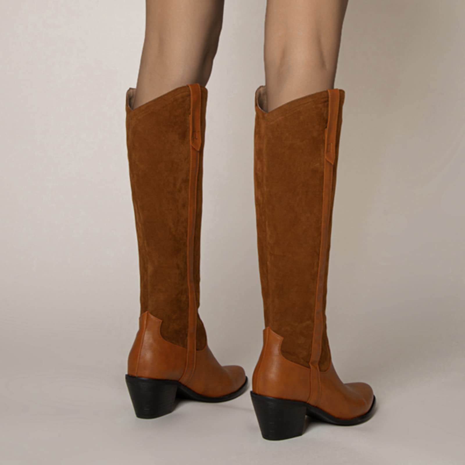 CUTEHEELS Damskie buty typu casual Slip-on Western do kolan wysokie buty z chunky obcasem i szpiczastym noskiem, żółty1, 43 EU