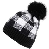 CRUOXIBB Women Knit Slouchy Beanie Hat with Faux Fur Pompom Buffalo Plaid Cuff Winter Soft Warm Ski