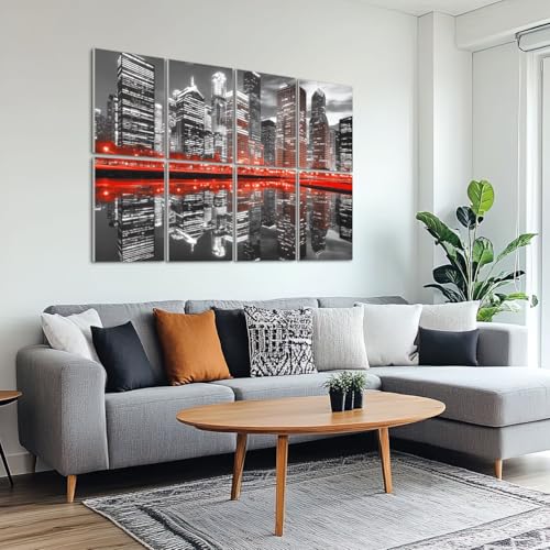 8 Pack Paneles Acústicos Decorativos Absorbentes de Sonido Vista Nocturna de Chicago Skyline en Negro y Rojo 48"x32" miniatura 6