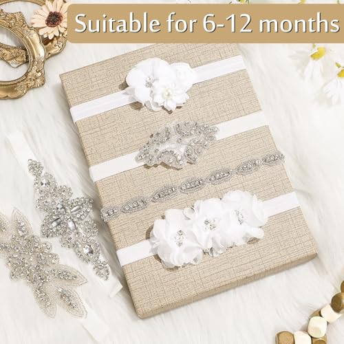 6 Pcs White Baptism Headband for Baby Girl Toddler Elastic Christening Headbands Chiffon Flower Crystal Lace Infant White Head Bands Gifts Birthday Baby Shower Party(6-12 Months)4