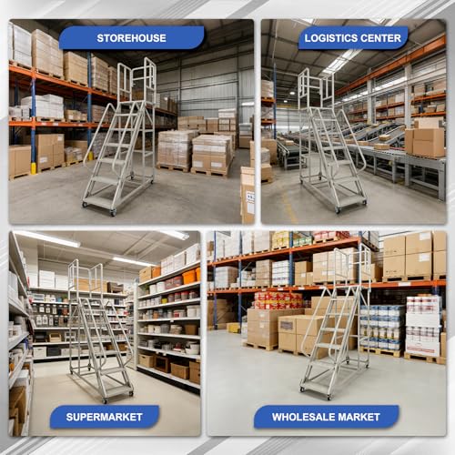 Image of 7 Step Rolling Ladder with Handrails, Industrial & Warehouse Stairs with Wheels, 1500LBs Capacity Non-Slip Platform Ladder for Garage, Library, Supermarket, 23.9 inch L X 64 inch W X 102.6 inch H