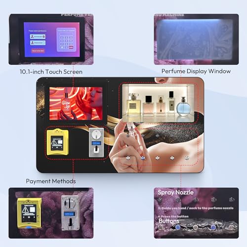Image of Perfume Vending Machine, Wall Mounted Perfume Sprays Fragrance Dispenser with 5 Channels and Touch Screen, Coin Operated and Credit Card Payments, Suitable for Hotels, Malls, Bars