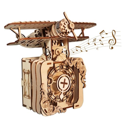 Music Park 3D Wooden Puzzle for Adults Punk Airplane Music Box Hand Crank Wind-Up DIY Model Building Kit Plays You are My Sunshine - Steampunk Home Decor Birthday for Women Men 14+