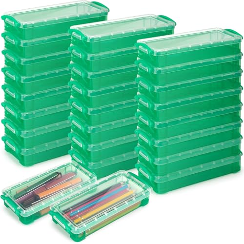 Image of Gueevin 24 Pcs Large Capacity Plastic Pencil Box Clear Plastic Pencil Case Crayon Box with Snap Tight Lid Watercolor Pen Storage Brush Organizer Drawing Tools Container (Green)