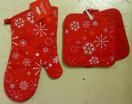 3-pc Kitchen Set Pot Holders Oven Mitt Holidays Snowflake Red