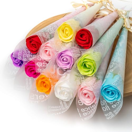 Epicpetal 12色 ソープフラワー 花束 1輪 一輪 バラ 造花 フラワーソープ 枯れない花 卒業祝い 誕生日 母の日 父の日 敬老の日 開店祝い 退職祝い 送別会 プレゼント 女性 人気 花 ギフト セット (12, マルチカラー)
