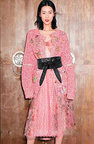 shengweiao Women's Sequin Faux Leather Self Tie Wrap Obi Waist Belt (Black)2