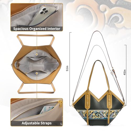 Image of Women's Leather Tote Bag & Large Capacity Hand-Carved Cloud Design, Full-Grain Cowhide