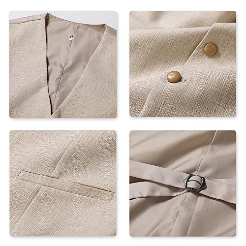 YOUTHUP Costume Homme 3 Pcs en Lin Coupe Slim Business d'affaires Mariage Formel Peak Lapel Blazer Gilet et Pantalons, Beige, XS - Image 7