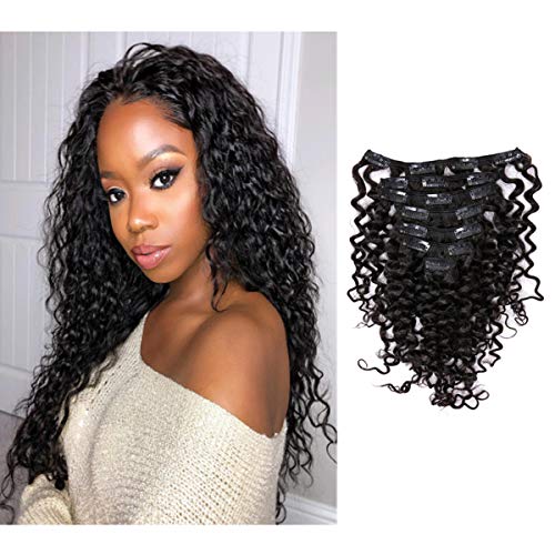 Loxxy Real Remi Water Wave Curly Clip Hair Extensions 8A Grade Natural Black Human Hair Clip Ins Double Weft Afro Water Wave Clip In Human Hair Extensions For Balck Women 120Gram #1b 22Inch