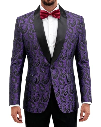 YND Men's Paisley Tuxedo Jacket - One Button Dress Suit Blazer with Bow Tie, Floral Light Purple Coat for Wedding and Prom