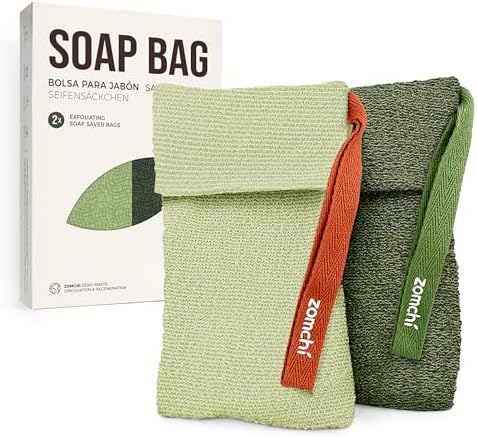 ZOMCHI Exfoliating Bar Soap Pouch, 2 Pack Soap Bags with Coarse & Gentle Mesh for Effective Exfoliation, Soap Saver Bags for Rich Lathering and Deep Cleansing (Olive Green)
