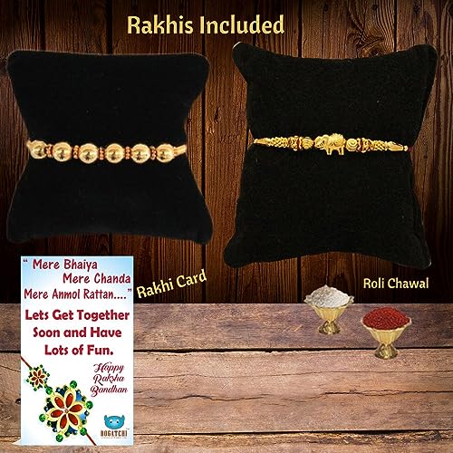 BOGATCHI-Rakhi-with-Sweets-for-Brother-Traditional-Soan-Papdi-200gm-with-2-Rakhi-Natural-Raisins50g-Roli-Chawal-Free-Rakhi-Greeting-Card
