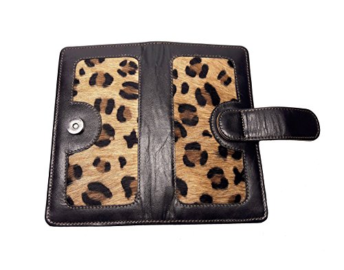 LW-1803 Black Leopard Ladies Wallet|10 card slots|1 card window|4 slide pockets|1 zip pocket | cowhide black leather & Cowhide Leopard2