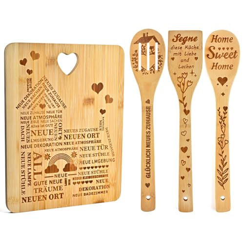 PLECUPE Lot de 4 planches à découper en bambou et cuillère gravées au laser, cadeaux de pendaison de crémaillère, cadeau de pendaison de crémaillère, cadeau de pendaison de crémaillère, cadeau de