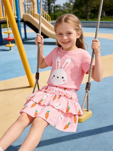 Image of Little Girls Skirt Set - 2 Piece Short Sleeve Top Shirred Tiered Skirt Outfit Girls Spring Summer Clothes 3-8 Years