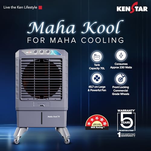 Image of Kenstar MAHA KOOL HC 70 L Desert Air Cooler|Anti-Bacterial Honeycomb Pads|High-Speed Fan|Inverter Ready|50Ft Powerful Air Throw|1-Yr Product Warranty+5-Yr Warranty on Pump&Motor|5-Star BEE Rating|Grey