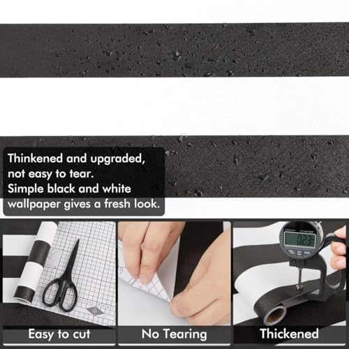Arthome Schwarz Weiß Abziehen und Aufkleben Tapete,44cmx3m Streifen Klebefolie Modern Selbstklebende Wasserdicht Dekorative Vinyl Klebefolie für Schlafzimmer Arbeitsplatten Schrank