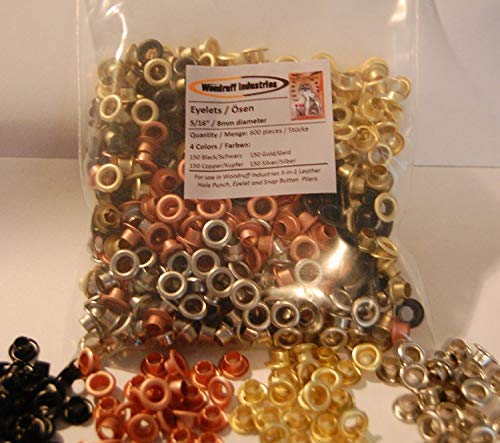 Woodruff Industries 600 Pieces (150 of each color: BLACK, COPPER, GOLD, SILVER) Metal Eyelets Nickel Plated Iron Metal 5 mm Hole Multi Grommet Tool Kit Clothes and Leather Grommets for Arts Crafts Scr