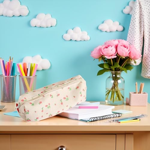 Image of Pink Women Fresh Style Pencil Bag Flower Floral Canvas Large Pen Pencil Pouch Bag Pencil Case Pen Holder Coin Pouch, Simple Cosmetic Storage Bags Makeup Bag Office Stationery Organizer