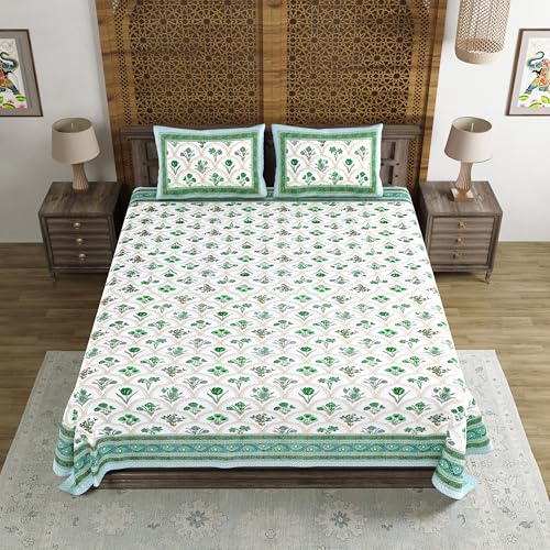 Image of BLOCKS OF INDIA Hand Block Printed 200 TC Cotton King Size Bedsheet (Green Rose)