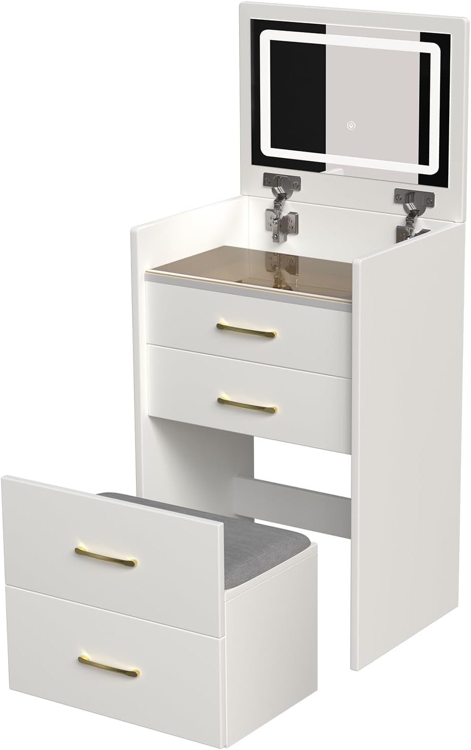 3 in 1 Vanity Desk with Flip Top Mirror and Lights, Compact Vanity with Hidden Chair, Visible Glass Desktop, 3 Drawers, 3 Light Mode, Small Dressing Table Set for Bedroom, Dressing Room, White