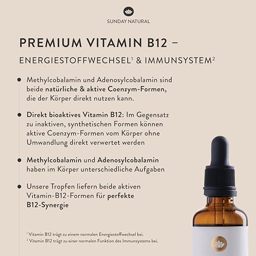 SUNDAY NATURAL® Vitamin B12-500 µg pro Vitamin B12 Tropfen – Bioaktive Formen B12 Methylcobalamin + Adenosylcobalamin – 900 Tropfen – Laborgeprüft, vegan, ohne unnötige Zusätze