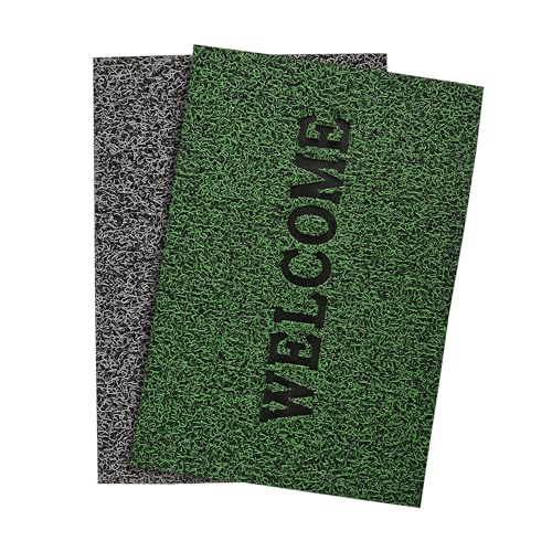 Image of Kuber Industries Pack of 2 Anti-Slip Welcome Print Grass Door Mats for Home| (16x24 Inch) Main Entrance Footmats for Bathroom, Living Room & Office | Grass Cut -Grey & Green