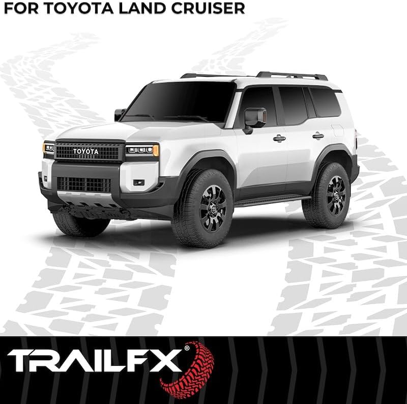 TrailFX Nerf Bar AL4026B, 4-1/2 Inch Hexagonal Straight, with Step Pads, Rocker Panel Mount, Powder Coated, Black, Aluminum, with Plastic End Caps/Bracket Covers, Fits 2024-2025 Toyota Land Cruiser