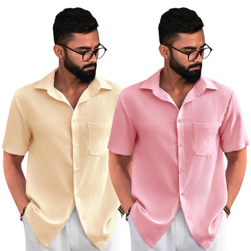 Image of Tee Projekt Solid Shirt for Men's ||Pop corn Shirt|| Solid Shirt for Men's|| Casual Shirt for Men||Half Sleeve Spread Collar Shirt for Men|| Pack of-2