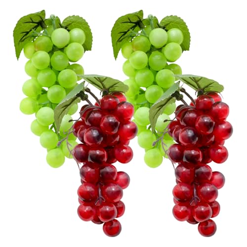 Ci sono 4 mazzi di uve artificiali realistiche per la decorazione nella confezione, 2 grappoli ciascuno di uve finte nei colori rosso e verde.
