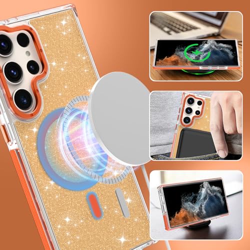 Image of Magnetic Case for Samsung Galaxy S22 Ultra [Compatible with Magsafe] [Bling Glitter Fluorescent Design] [1 Screen Protector] Slim Translucent Matte Case for Galaxy S22 Ultra 6.8 inch, Orange