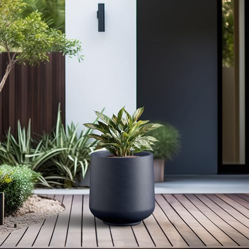 Image of Kante Charcoal Concrete Planter 16.5 inch Dia All-Weather Round Large Pot | Handcrafted Cement Curved, Anti-Frost & UV Outdoors, Plug for Indoor, Lightweight & Durable, Modern Home, Garden, Porch