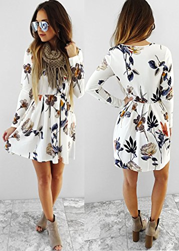 Angashion Womens Dresses Casual Floral Print Long Sleeve Swing Pleated Skater A Line Mini Dress,White,Small