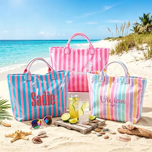Bolsa tote de playa personalizada impermeable con rayas para mujer miniatura 3