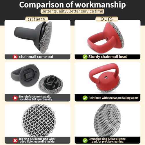 Image of Cast Iron Cleaner Scrubber with Heavy Duty Handle, 3mm Welded Chain Mail Scrubber for Pan Pot Cleaning - Small Ring Metal Scourer Scrub to Clean Skillet, Oven, Griddle, Wok Brush