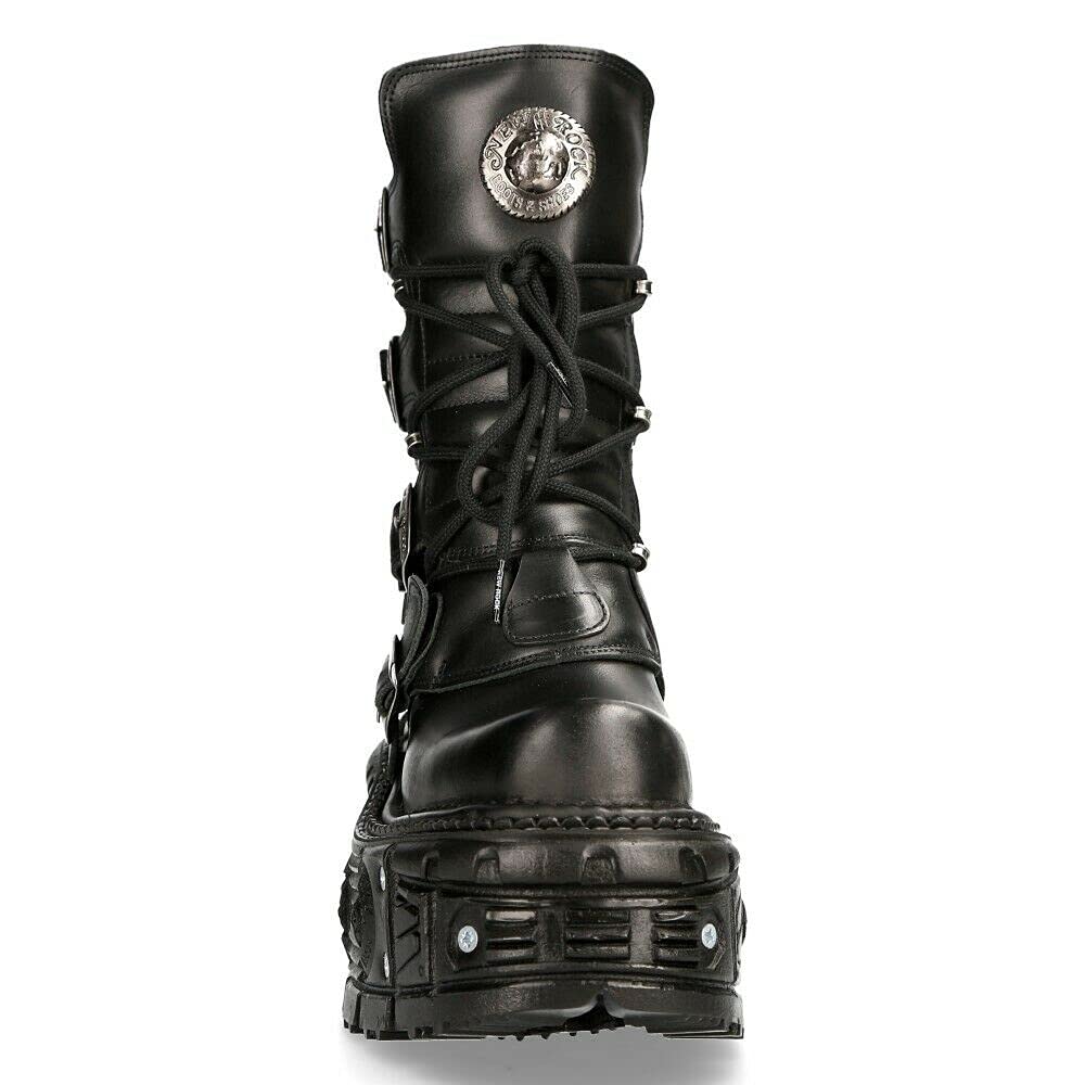 NEW ROCK TANK373-S1 Stivali Unisex con Piattaforma in Pelle Nera Stile Motociclista Gotico