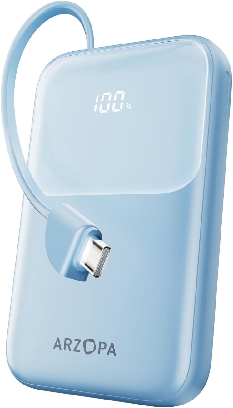 ARZOPA Portable Power Bank 10000mAh, 22.5W Fast Charging, Built-in USB-C, Multi-Device Charging