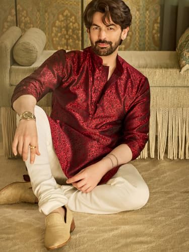 Image of Sojanya (Since 1958 Men's Red Jacquard Silk Kurta & Churidaar Pyjama