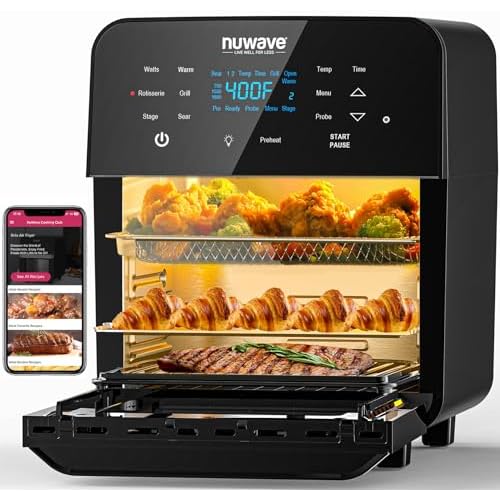 Nuwave Brio 15.5Qt Air Fryer Rotisserie Oven, X-Large Family Size, Powerful 1800W, 4 Rack Positions, 50°-425°F Temp Controls, 100 Presets & 50 Memory, Integrated Smart Thermometer, Linear T Technology