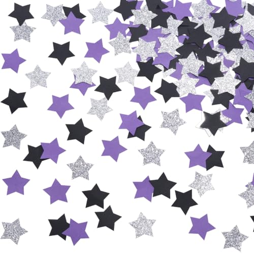 Image of MOWO Purple Black and Silver Star Confetti Table Decoration, 1.2'', 200pc | Birthday Retirement Graduation Bachelor Party, 1.2 inch in Diameter, 200 Counts