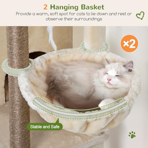 Image of Globlazer Cat Tree Tower for Indoor Cats, Sturdy Adult Cat Tree House for Large Adult Cats with 2 Platform, 6 Cat Scratching Post, 2 Cat Caves, Dangling Toys, S63, 63 inch, Beige