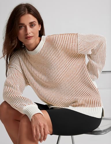 Image of Beyond Chenille Sweater for Women 2026 Winter Crew Neck Pullover Sweater Color Block Knit Tops