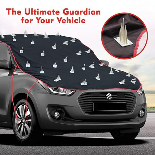 Image of Dog Protection Spike Car Cover for Tata Tigor Bonnet to Roof Easy Installation with 4 Elastic Hook Strap | Anti-Scratch Soft Cotton Inner | Complete Protection from Street Dogs & Monkeys
