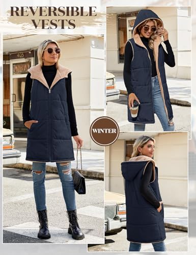Womens Fall Reversible Vests Sleeveless Fleece Hoodie Jacket Zip Up Winter Warm Hooded Long Coat Outerwear with Pockets4