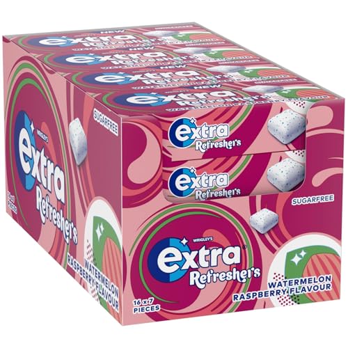 Extra Refreshers Watermelon Raspberry Flavour Sugarfree Chewing Gum Handy Pack Box, 16 x 7 Pieces
