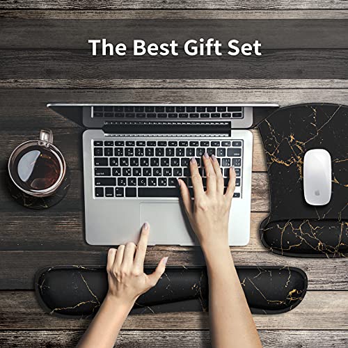 Wrist Rest Support Ergonomic Gel Mouse Pad & Memory Foam Keyboard Set Non-Slip Rubber PU Base Easy Typing and Relieve Wrist Pain Mouse Mat for Computer Office - Black Marble - Thumbnail 3